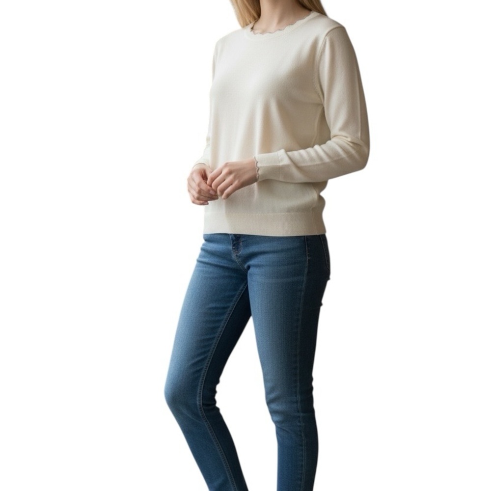 Banana Republic Cream Scalloped Crew Neck Sweater Large Petite - Picture 13 of 15